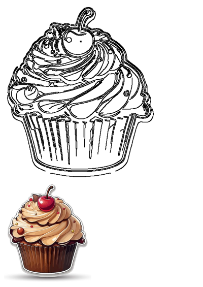 A vibrant cupcake sticker featuring cream frosting, colorful sprinkles, and a shiny red cherry, alongside its black and white line art for coloring.