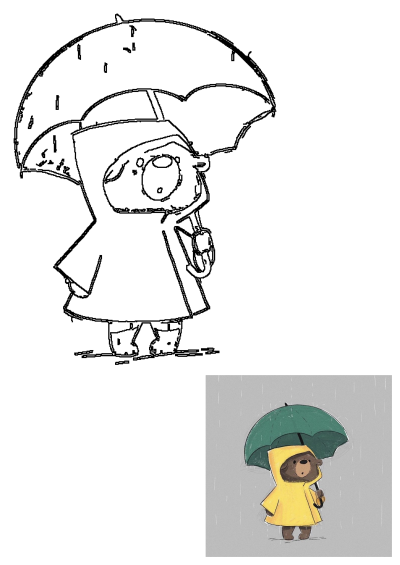 A cute cartoon bear in a yellow raincoat and boots holds a green umbrella, looking up at the falling rain on a grey day.