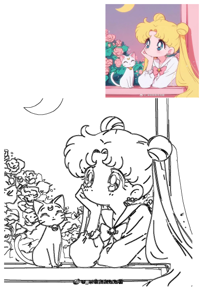 Cute Sailor Moon and Luna icon with a dreamy anime aesthetic, featuring Usagi and her white cat by a window with pink roses under a crescent moon.