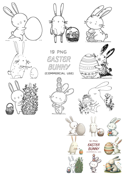 A cute Easter bunny PNG clipart set with adorable rabbits and decorated eggs, includes both line art and full color illustrations.