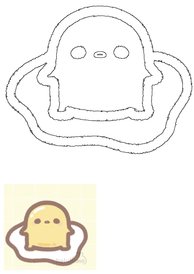 Black and white outline drawing of a cute, simple egg character's head, resembling a lazy egg yolk in a fried egg. Perfect for design projects.