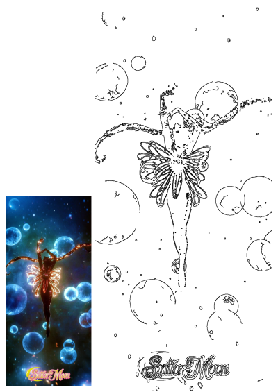 Outline of Sailor Moon, a woman flying gracefully through a cosmic galaxy amidst glowing bubbles and planets.