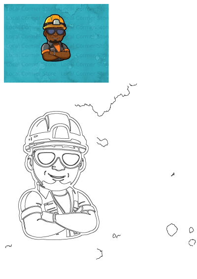 A cartoon man wearing an orange hard hat, sunglasses, and work clothes, with arms crossed. Includes both a colored image and an outline for coloring.