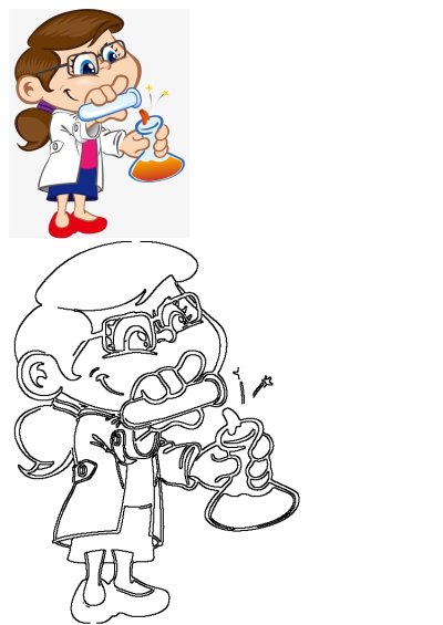 A cheerful cartoon female scientist in a lab coat and glasses conducts an experiment with a sparkling test tube and beaker.