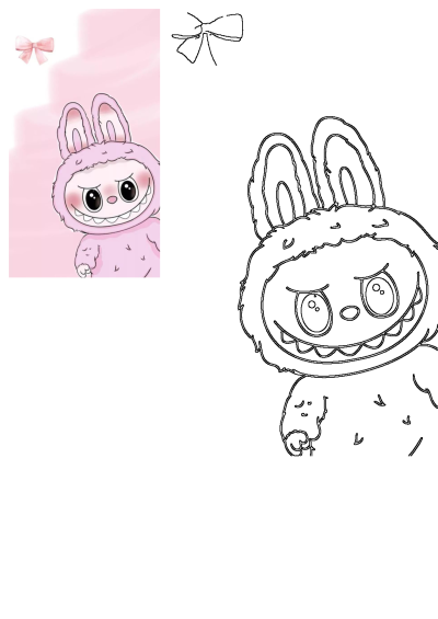 A charming pink bunny cartoon illustration with big eyes and a wide grin. Features a fluffy suit and a cute bow, alongside its black outline version.