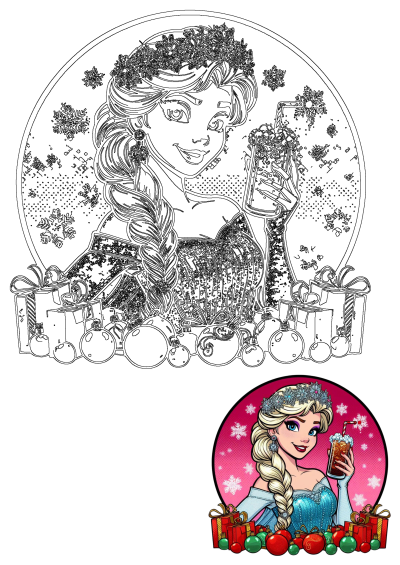 A black and white line art featuring a frozen princess cartoon holding a festive Christmas beer, adorned with snowflakes and surrounded by holiday gifts and ornaments.