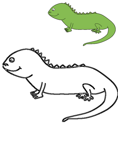 A vibrant cartoon green lizard illustration, featuring a cheerful reptile with a smiling face, along with a corresponding outline drawing.