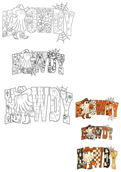 Various Halloween Howdy Western banner designs featuring a cowboy ghost, pumpkins, bats, and rustic font styles.