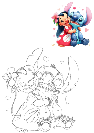 Lilo and Stitch share a loving hug surrounded by hearts in this vibrant cartoon illustration, along with its black and white line art.