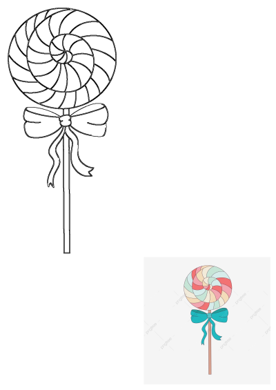 An illustrative outline of a vibrant spiral lollipop on a stick, adorned with a decorative ribbon bow, ideal for sweet designs.