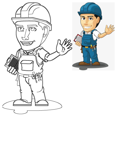 Smiling cartoon worker in a blue hard hat and overalls, holding a clipboard and pointing with his other hand.