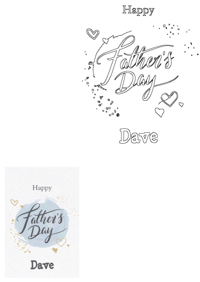 Happy Father's Day card with hearts for Dave, featuring a stylish blue and gold design alongside an outline version.