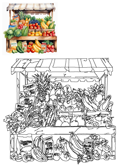 A vibrant watercolor illustration of a grocery store fresh produce stand overflowing with colorful fruits and vegetables; includes its line art.
