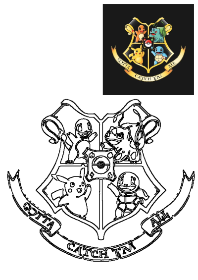 Pokemon team emblem in a Hogwarts-style crest, featuring Pikachu, Charmander, Bulbasaur, Squirtle, and a Poke Ball with "Gotta Catch 'Em All".