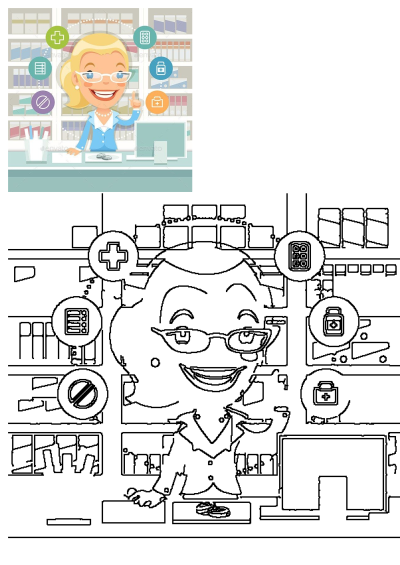 Smiling blonde pharmacist woman with glasses at a computer, surrounded by medical icons including a cross, pills, and documents.