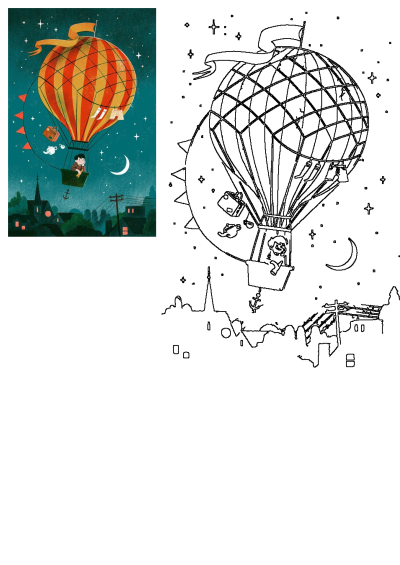 Dreamy illustration of a boy on a hot air balloon ride, floating above a town at night with stars, moon, and whimsical details.