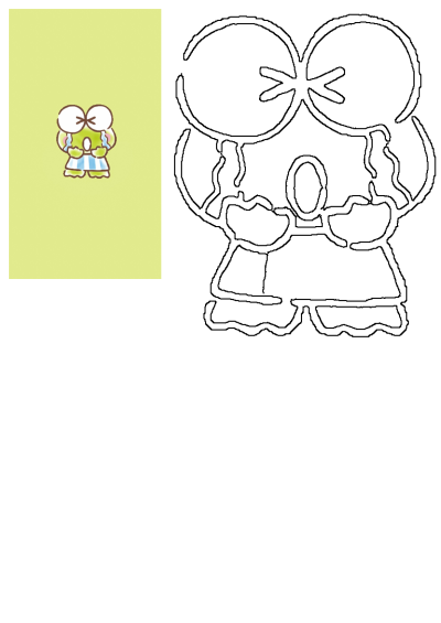 Keroppi crying with a sad face, a kawaii character illustration in color and outline form, wearing blue and white striped attire.