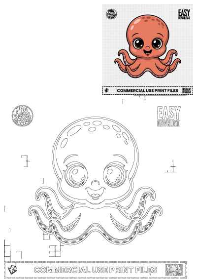 Cute baby octopus clipart, a happy sea animal design perfect for nursery decor and baby shower themes. Includes an outline for coloring.