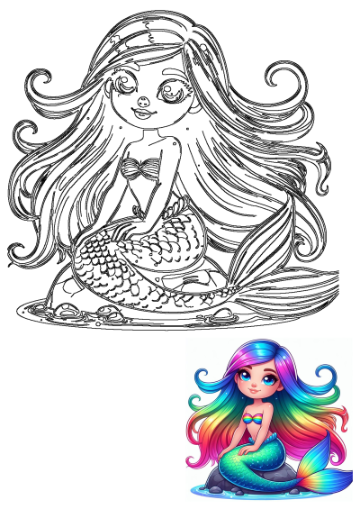 Cute cartoon rainbow mermaid sitting on a rock with flowing hair and scaled tail. Includes an outline for coloring.
