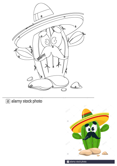 Cartoon cactus with mustache and sombrero illustration. A fun character standing on desert sand, shown in both black-and-white outline and full color.