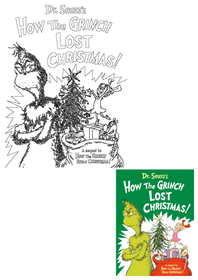 Dr. Seuss's How The Grinch Lost Christmas book cover featuring a grumpy Grinch, happy Cindy Lou Who, a festive tree, and presents. Includes outline.