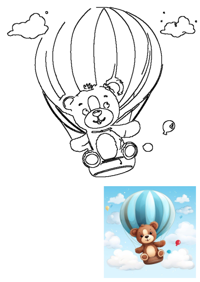 Outline drawing of a cute teddy bear in a hot air balloon, floating among clouds in the sky.