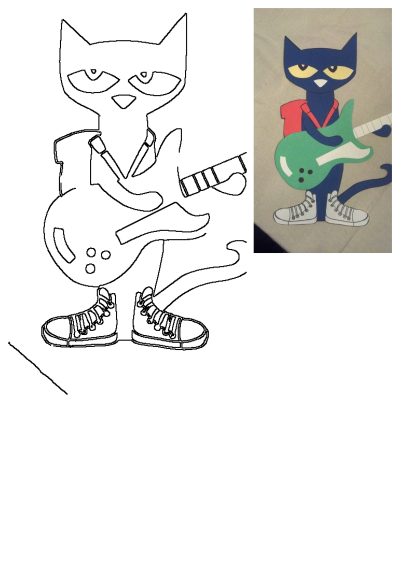 Black and white outline and colorful cutout of Pete the Cat playing an electric guitar, perfect for a t-shirt or craft.