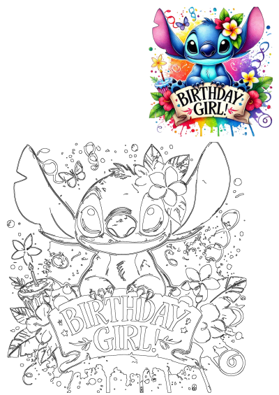 Vibrant Stitch Birthday Girl cartoon with tropical flowers and a festive banner, accompanied by an outline version for coloring fun.