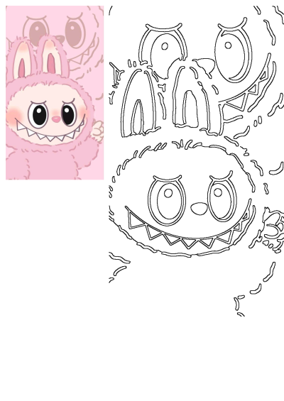 A cute, fluffy pink monster bunny character with big eyes and sharp teeth, presented alongside an outline drawing of the same design.