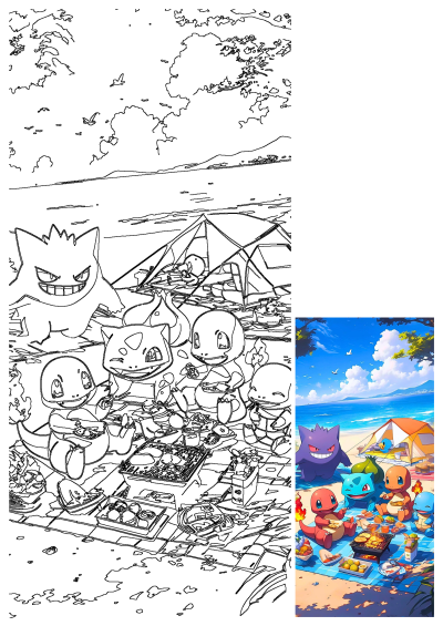 A vibrant beach picnic scene featuring Charmander, Bulbasaur, Squirtle, and Gengar enjoying food by the ocean and tents.