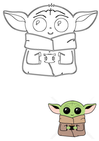 Cute Child Yoda (Grogu) cartoon with green skin and large ears, wearing a brown coat, holding a small cup in both hands.