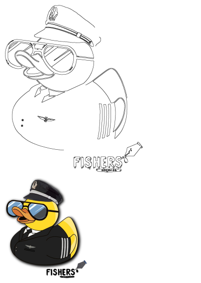 Yellow pilot rubber duck illustration by Fishers Design, wearing a black uniform, hat, and sunglasses. Includes a line art version.