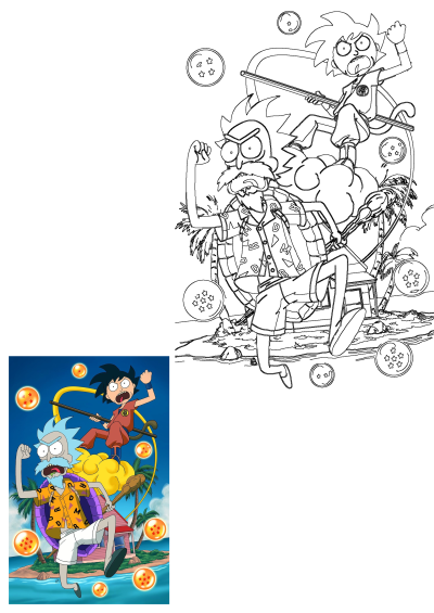 Rick and Morty Dragon Ball crossover cartoon depicts Rick as Master Roshi, Morty as Goku flying on Nimbus near Kame House and Dragon Balls.