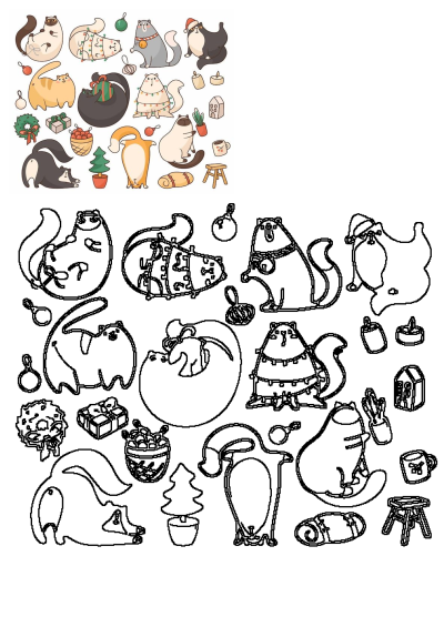 Cute cartoon cats in Christmas theme, adorned with Santa hats, lights, and gifts. Shows both colored illustrations and matching outlines.