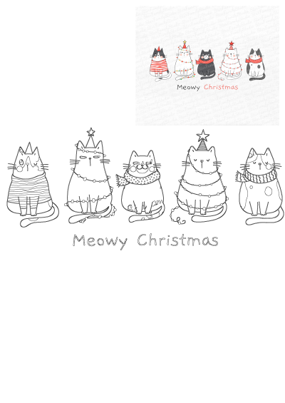 Cute Christmas cats illustration with colorful and outline felines wearing festive sweaters, hats, and lights, plus 'Meowy Christmas' text.