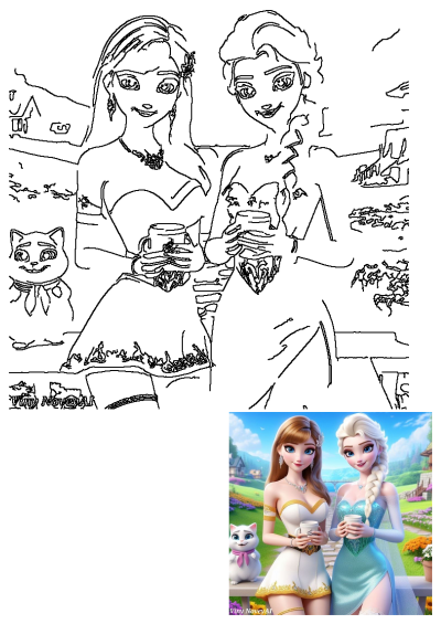 Line art of Princesses Anna and Elsa enjoying coffee outdoors in a lovely garden with a cute white cat by their side. Frozen sisters.