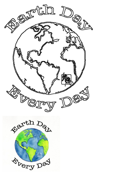 A black outline drawing of Earth with 'Earth Day Every Day' text, shown alongside a vibrant watercolor version of the logo.