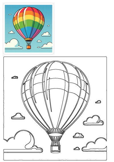 Vibrant rainbow hot air balloon flying high in a blue sky with clouds, alongside its black and white outline version for coloring.