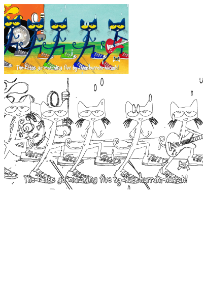 Vibrant Pete the Cat marching band illustration with five blue cats playing instruments, alongside a black-and-white outline.