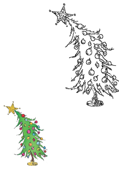 Whimsical Christmas trees: one black outline, one vibrantly colored with a star and ornaments, celebrating festive holiday designs.