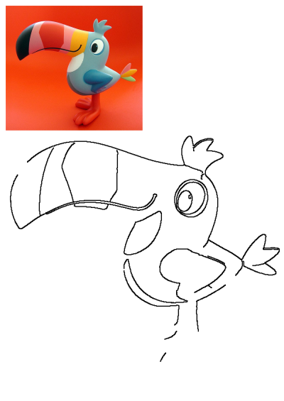 Vibrant toucan toy with a colorful beak and blue body, on an orange background, accompanied by its simple black outline.