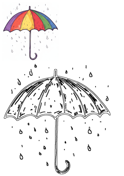Vibrant cartoon rainbow umbrella with falling raindrops, accompanied by a black and white outline version, perfect for various designs.