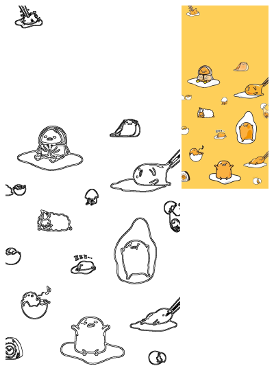 A cute Gudetama lazy egg yellow cartoon wallpaper featuring multiple characters in various sleepy and playful poses.