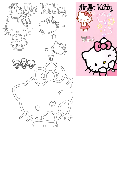 Hello Kitty pink and white wallpaper showcasing cute characters, stars, and various Hello Kitty line art outlines.