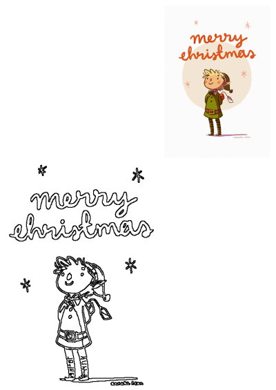 Cheerful Christmas Elf Boy Wishing Merry Christmas, depicted in both vibrant colored and outline styles, surrounded by festive snowflakes.