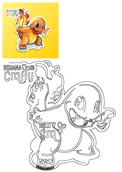 Vibrant Pokemon Charmander vinyl sticker featuring the fire-type character, shown with its cut outline template on a yellow background.