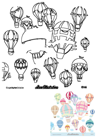 Colorful hot air balloons with ribbons and patterns soar in the sky, accompanied by line art designs of balloons.