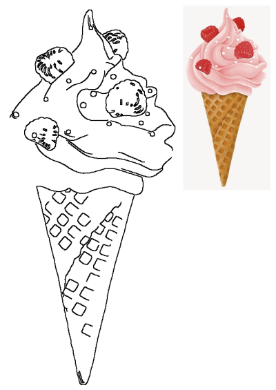A delicious raspberry ice cream cone illustration with sprinkles and berries, alongside a black and white line art for coloring.