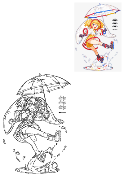 A cheerful anime girl in a clear raincoat jumps happily in a colorful puddle, holding a clear umbrella while wearing vibrant rain boots.