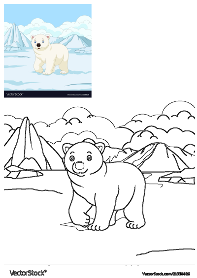 A friendly cartoon polar bear smiles while walking through a snowy arctic landscape with icebergs and clouds.